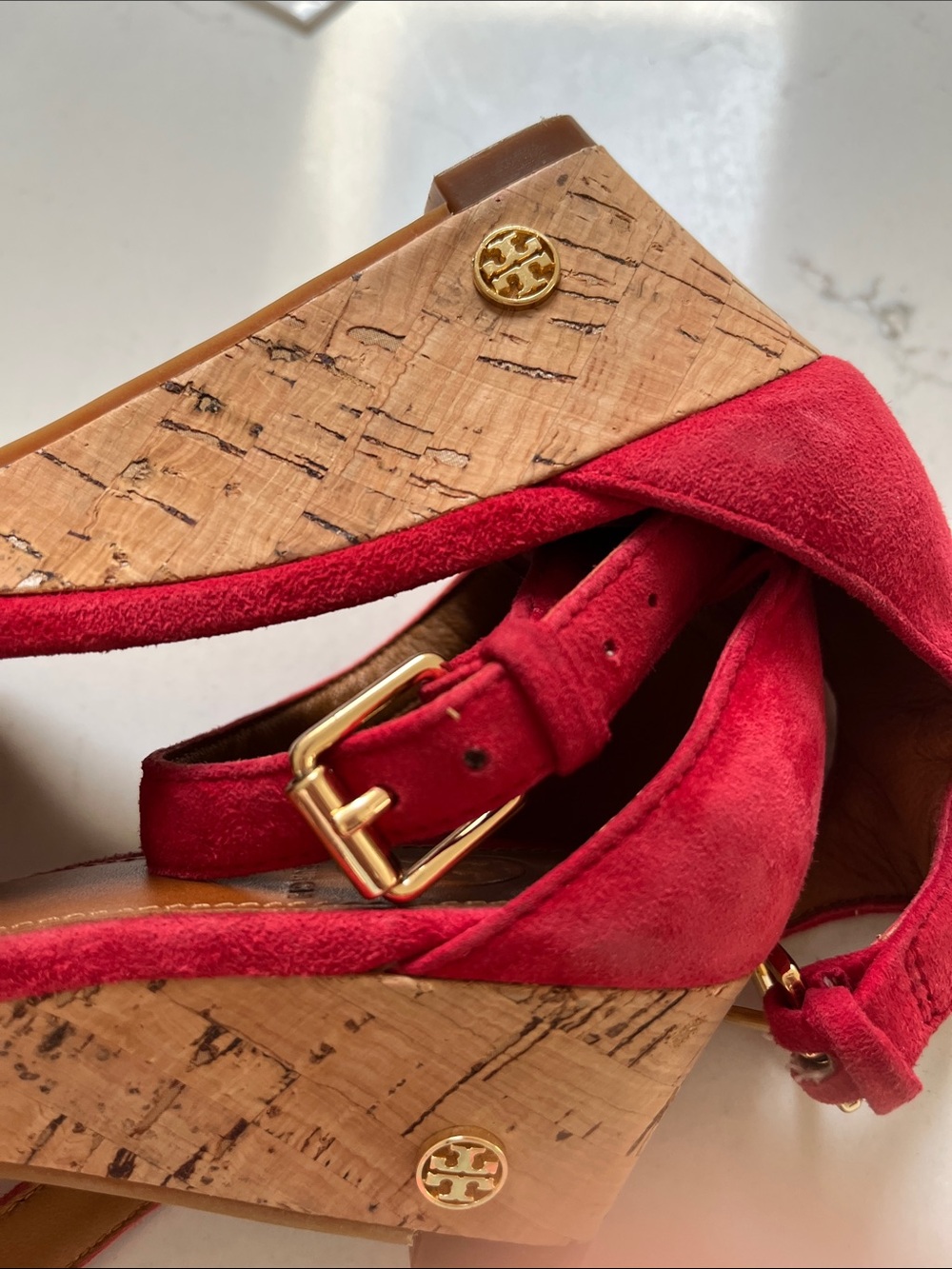 Tory Burch Red Suede Ankle-Strap Cork Wedge Sandal - Picture 6 of 8